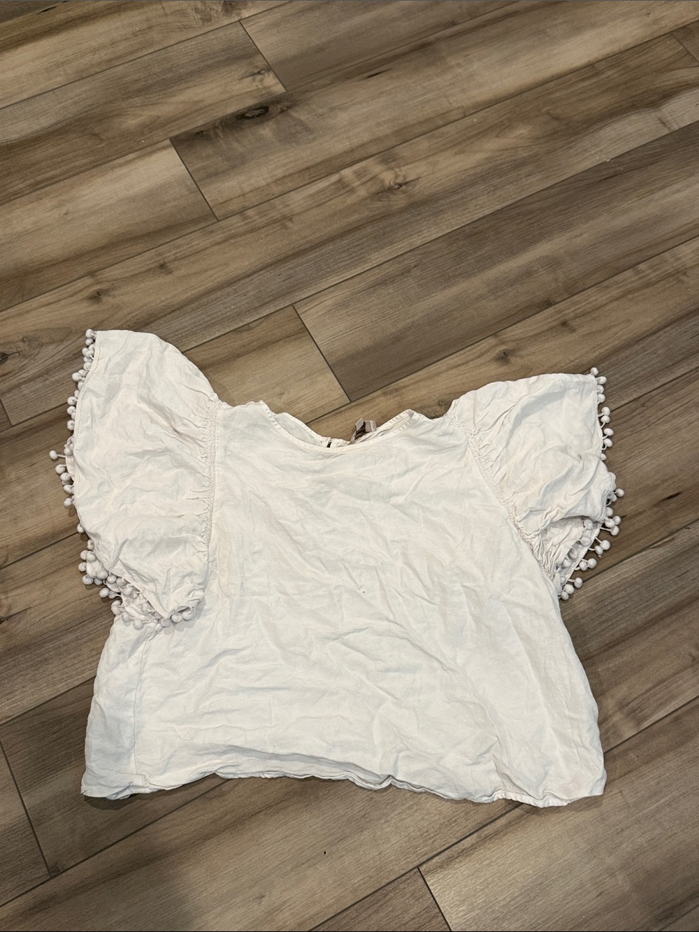 Loft White Puff Sleeve Pom Pom Women's Top